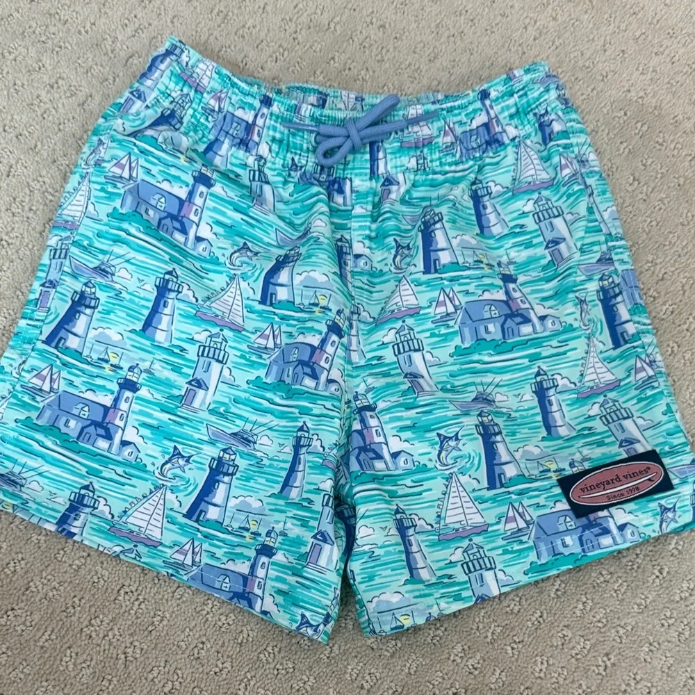 Vineyard Vines Kids Lighthouse Print Swim Trunks in Aqua & Blue